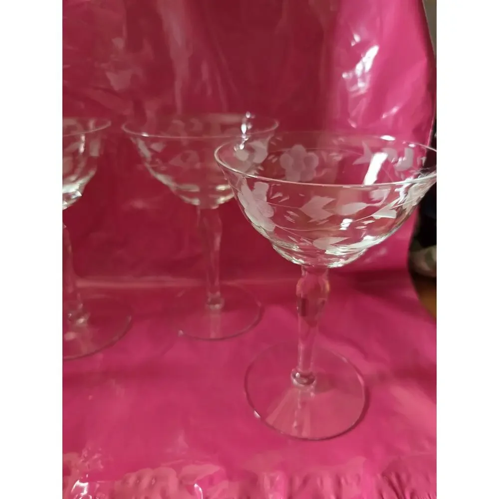4 Libby Vintage Sherbert Glasses Clear Floral Etched Wine Glasses